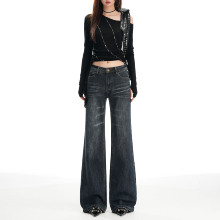 worxurnn/无须美式复古低腰微喇裤百搭宽松显高显瘦气质牛仔裤女