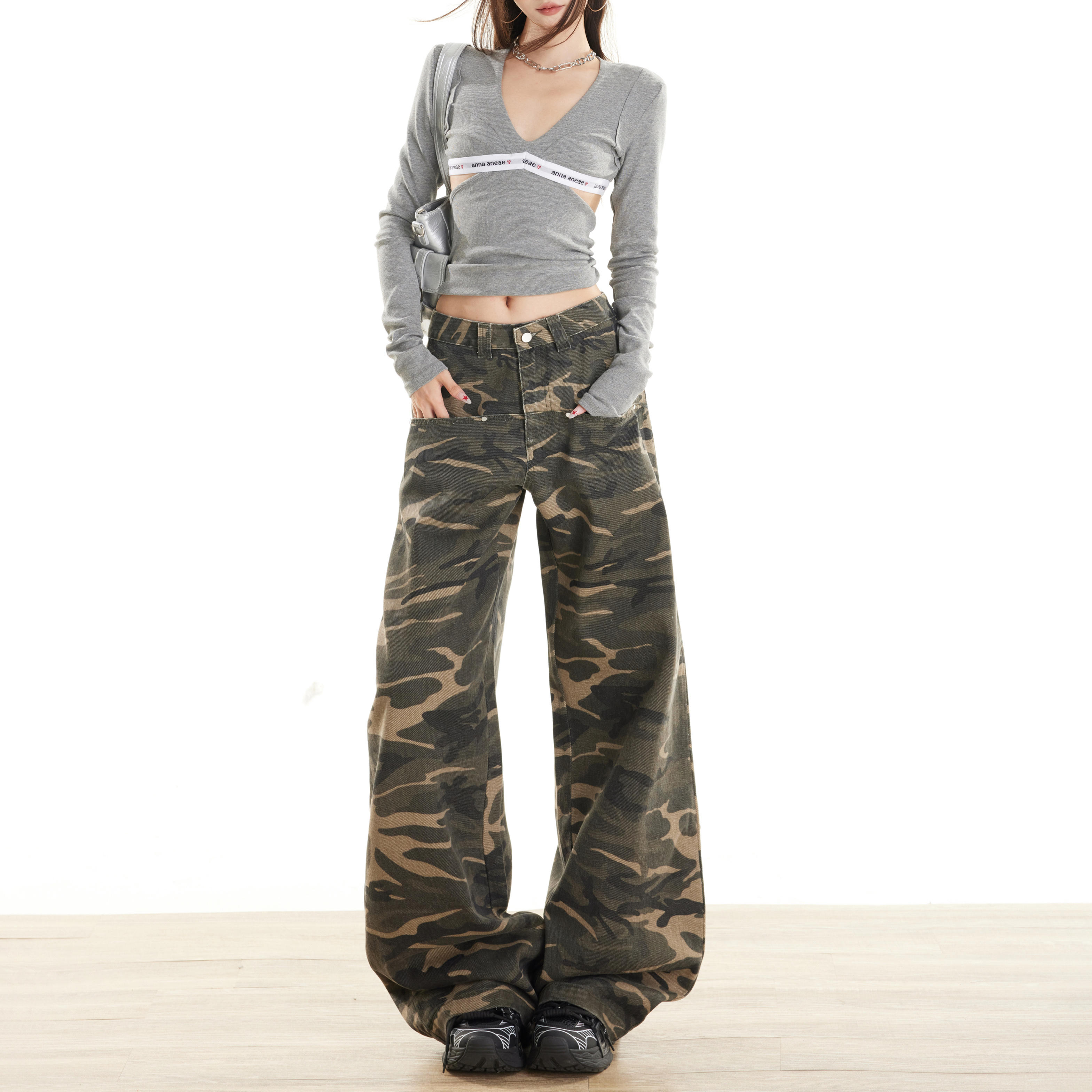worxurnn/无须美式高街迷彩弯刀牛仔裤女辣妹慵懒阔腿宽松工装裤