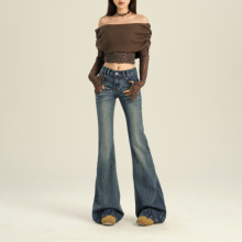 worxurnn/无须美式复古高街做旧水洗猫须显瘦弹力微喇拖地牛仔裤