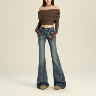 worxurnn/无须美式复古高街做旧水洗猫须显瘦弹力微喇拖地牛仔裤