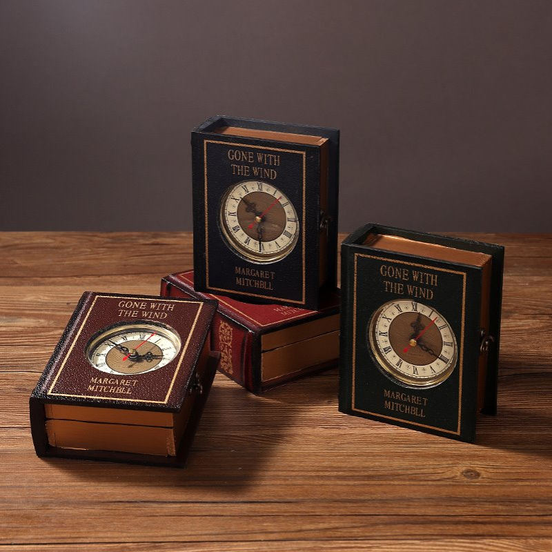 北欧复古做旧木质书形钟表收纳盒家居防尘收纳木盒店铺摆设装饰品