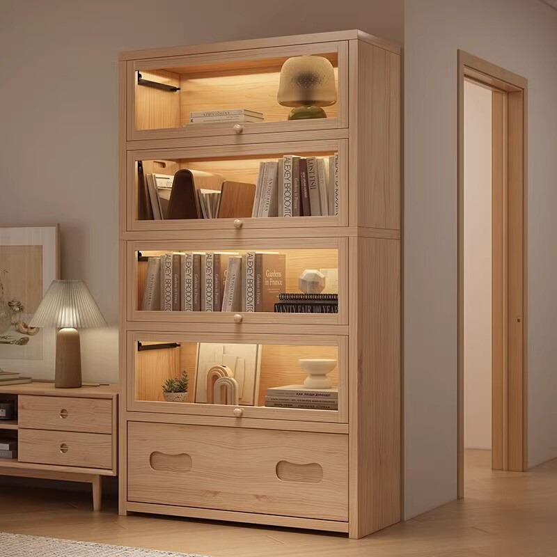 实木书柜防尘储物柜一体靠墙收纳柜家用展示柜带门书架落地置物柜