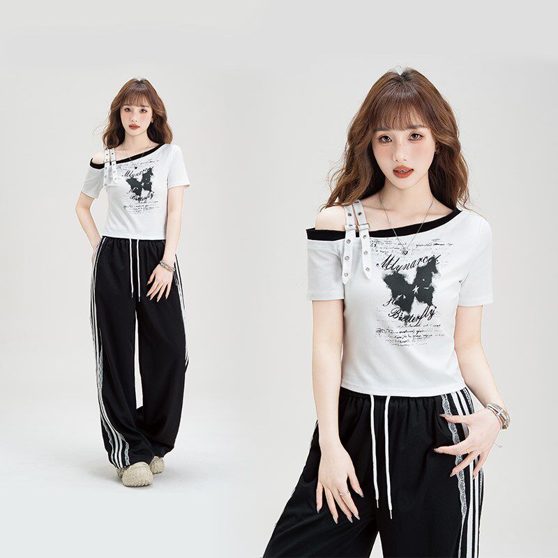 不规则露肩绑带短袖T恤女2025夏季新款辣妹设计百搭显瘦短款上衣