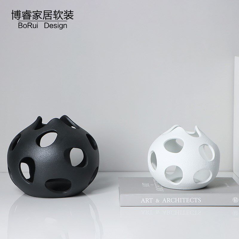 现代简约创意镂空黑白色陶t瓷花器摆件样板间电视柜售楼处软装饰