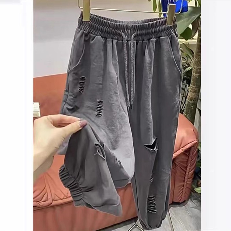 特大码300斤破洞束脚运动裤男女装夏季宽松薄款休闲阔腿九分裤子2