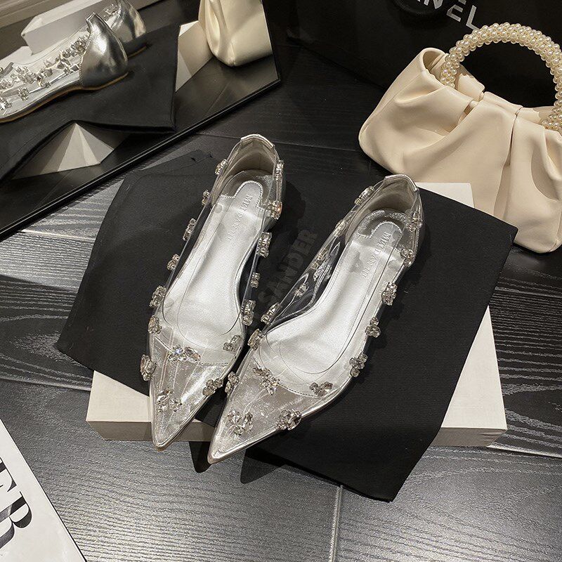 透明水钻平底鞋女2024春新款A百搭温柔仙女水晶伴娘鞋尖头气质单