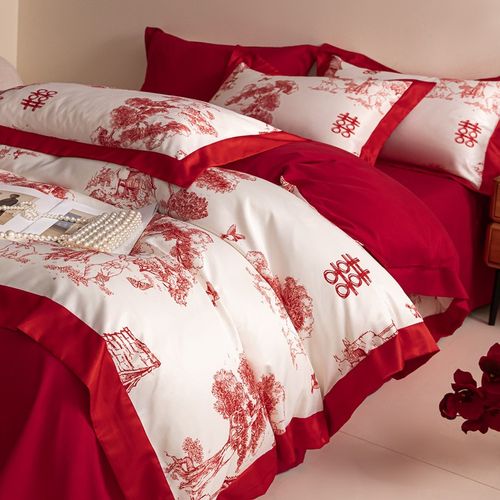 高档现代100支结婚四件套纯棉婚庆红色被套新婚喜被床单床上用品4