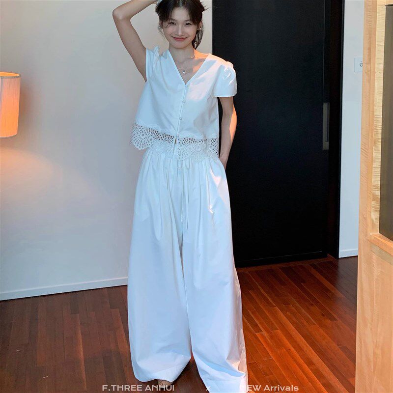 蕾丝拼接2025夏季新款韩版时尚气质v领无袖宽松背心阔腿裤套装女