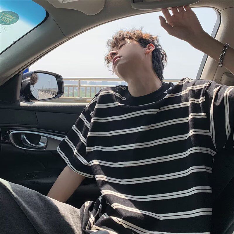 美式潮牌黑白条纹短袖t恤男夏季学生百搭半袖衫纯棉宽松休闲上衣