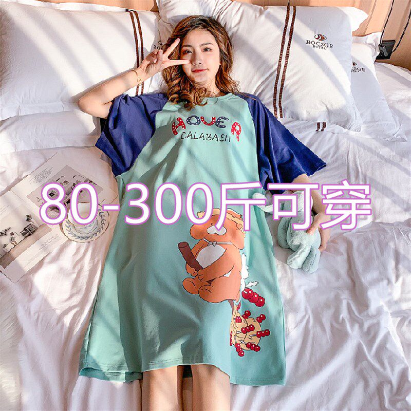 300斤特大码胖MM200斤夏季纯棉睡裙女印花加Q肥加大短袖孕妇裙睡