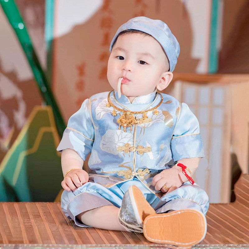 男宝周岁礼服夏季抓周中式宝宝生日宴百天一男童中国风唐装薄款夏
