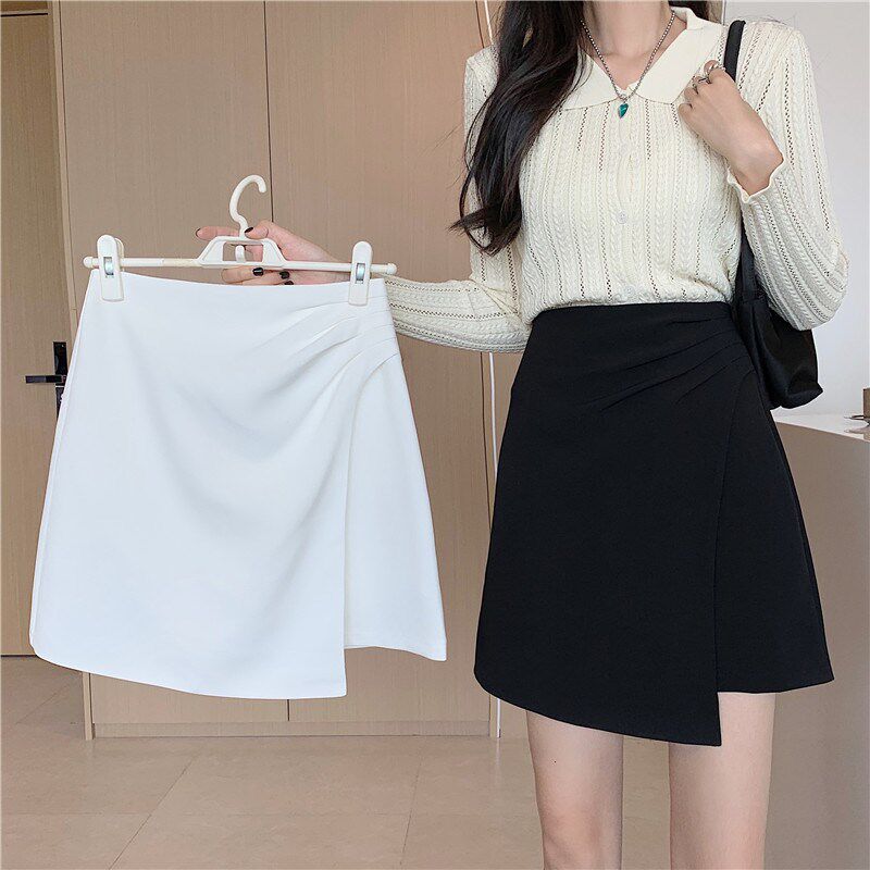 胖mm褶皱不规则半身裙短裙西装黑色高腰显瘦A字裙遮肚包臀裙女秋
