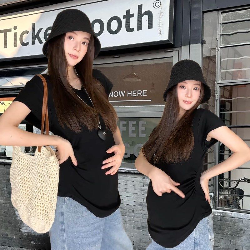 小个子孕妇装2025夏季新款短袖T恤女修身显瘦百搭上衣v领打底衫