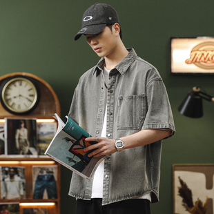 美式水洗做旧短袖牛仔衬衫男款夏季潮牌小众高级感复古衬衣外套