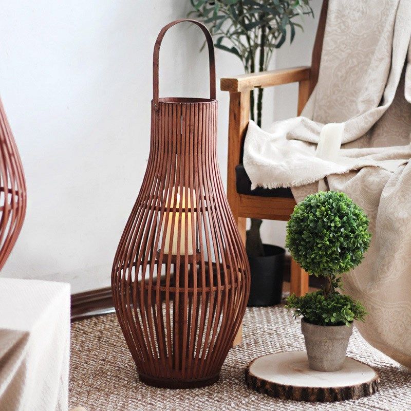 复古落地风灯天然竹编烛台灯笼样板间花园庭院酒店大Z厅装饰摆件