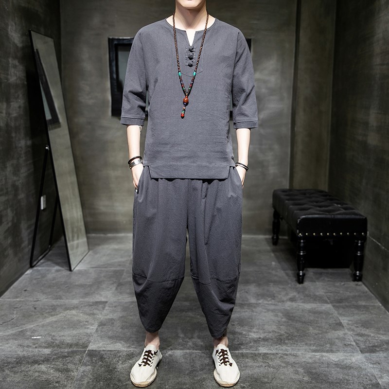 唐装棉麻套装中国风男装改良汉服复古装亚麻茶禅服新中式民族服装