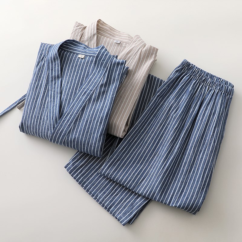 条纹汉服睡衣男士梭织纯棉布薄款系绳七分袖宽松家居服两件套薄款