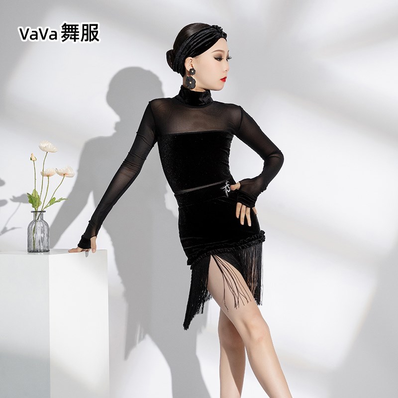 VaVa舞服高档拉丁舞服女童新款分体网纱流苏修身练习功服专业套装