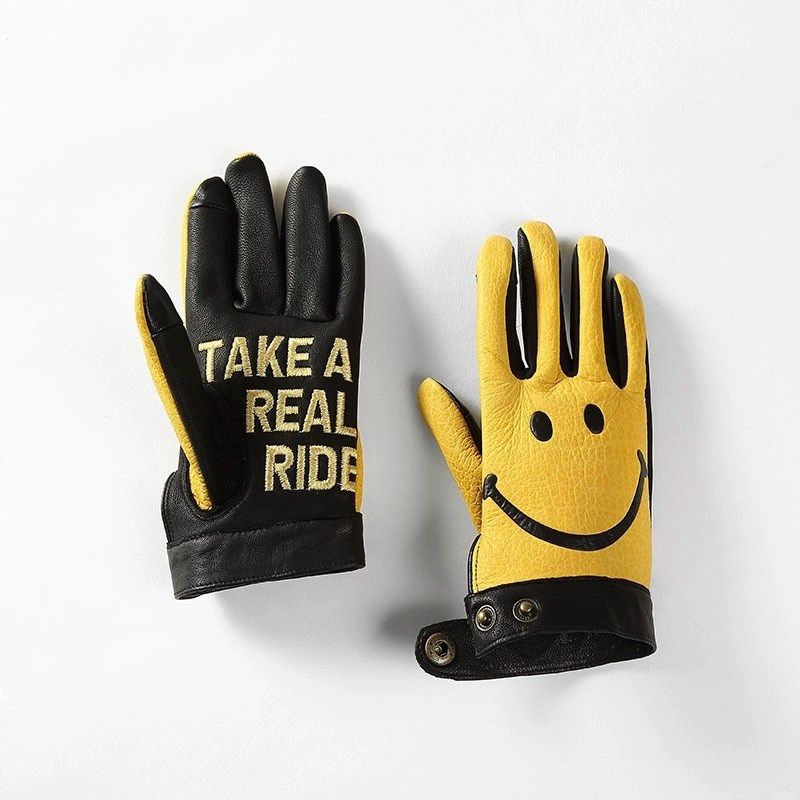 黄色笑脸春秋男女款复古机车户外骑行踏板摩托车牛皮冬季触屏手套