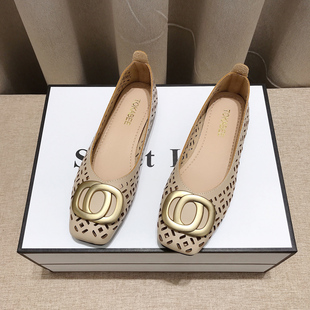 复古镂空单鞋女2023春夏季新款时尚大码软底浅口洞洞平底包头凉鞋