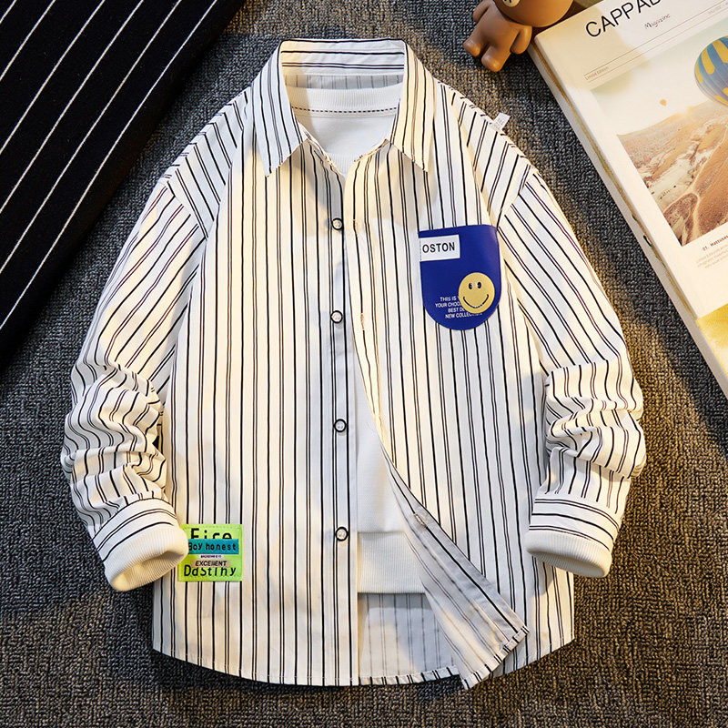 男童衬衫2023新款春秋长袖衬衫儿童韩版条纹纯棉休闲上衣薄款潮流