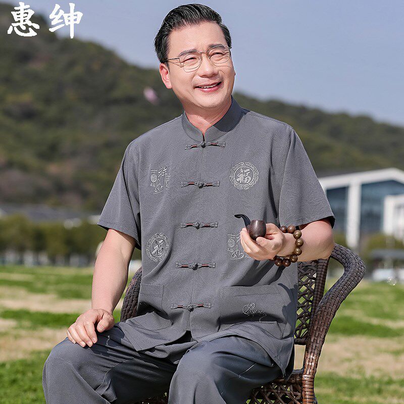 爷爷夏季唐装中老年人中式短袖套装2025新款中国风上衣爸爸中山装