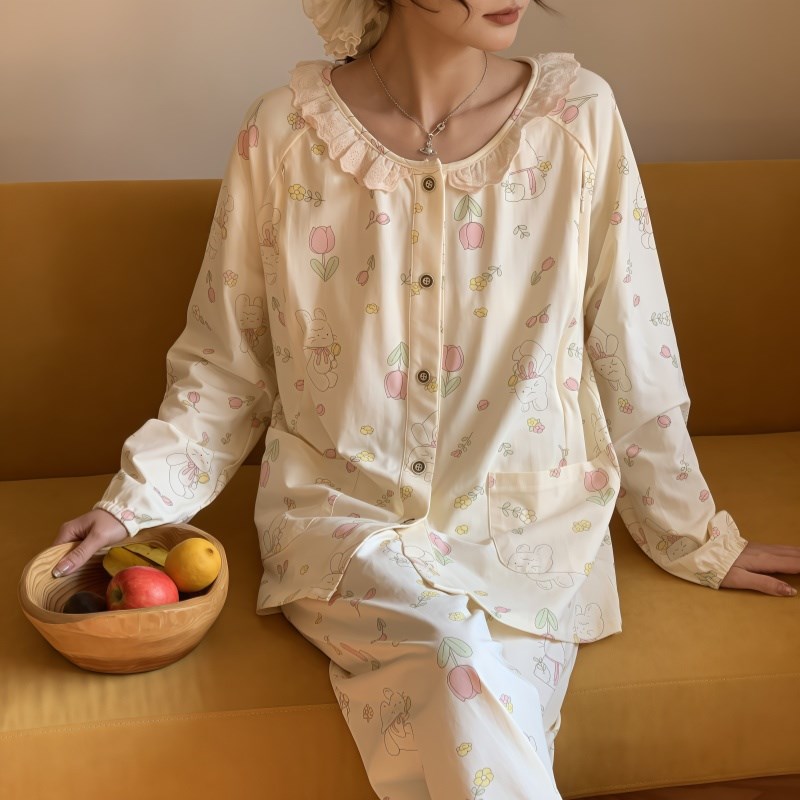 春秋季月子服纯棉产后哺乳喂奶孕妇睡衣可L爱卡通夏季薄款大码套