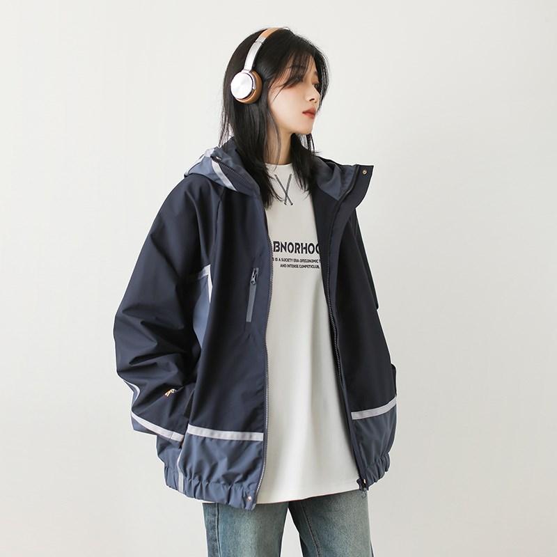 漫渡立体防风夹克男女连帽春秋薄款新款宽松拼色冲锋衣式工装外套