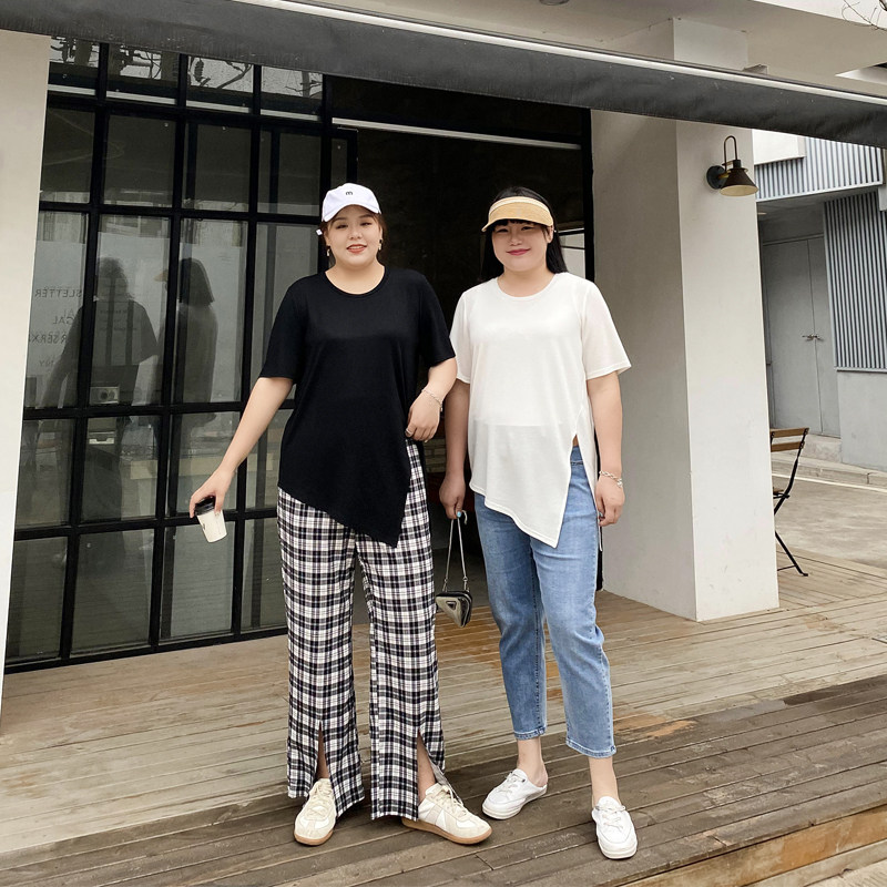 大码女装短袖T恤2021年夏装新款220斤加胖妹妹mm纯色百搭开叉上衣