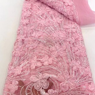 精致典雅的3D立体刺q绣珠绣面料时尚礼服晚礼服蕾丝刺绣婚纱面料