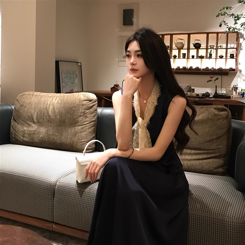 木子李的李【千岁鹤归】藏蓝色气质蕾丝上衣宽松长裙套装裙女夏季