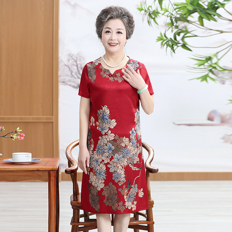 中老年人女夏装连衣裙真丝中长款妈妈装新款旗袍气质奶奶装过膝裙