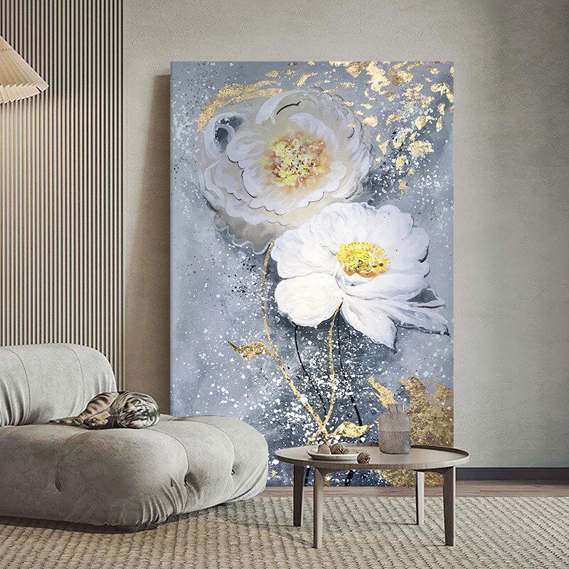 花开富贵手绘油画大芬村客厅抽象白牡丹花卉O装饰画玄关高级感挂