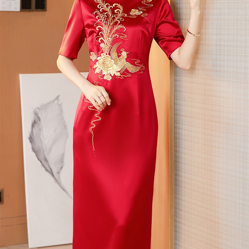 香妮芬时尚钉珠醋酸喜婆婆妈妈宴会装连衣裙2025夏季新款高贵礼服