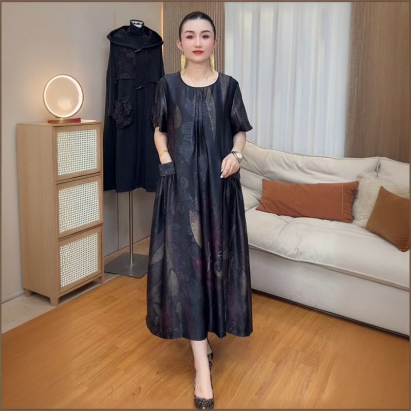 夏季新款复古醋酸真丝缎连衣裙高贵宽松大码气质200斤妈妈装长裙
