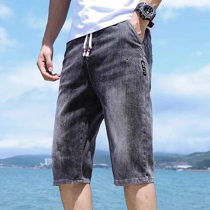 抽绳款夏天七分牛仔短裤男士2024夏季薄款潮流休闲宽松直筒7分裤