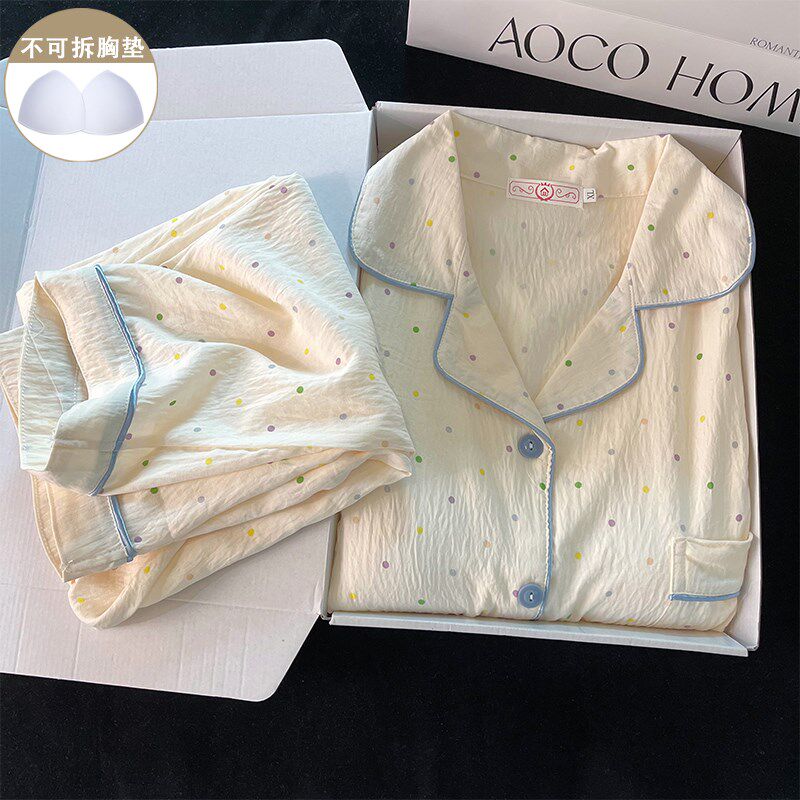 带胸垫睡衣女款春秋季韩系纯棉长袖彩色波点O开衫夏天空调房家居