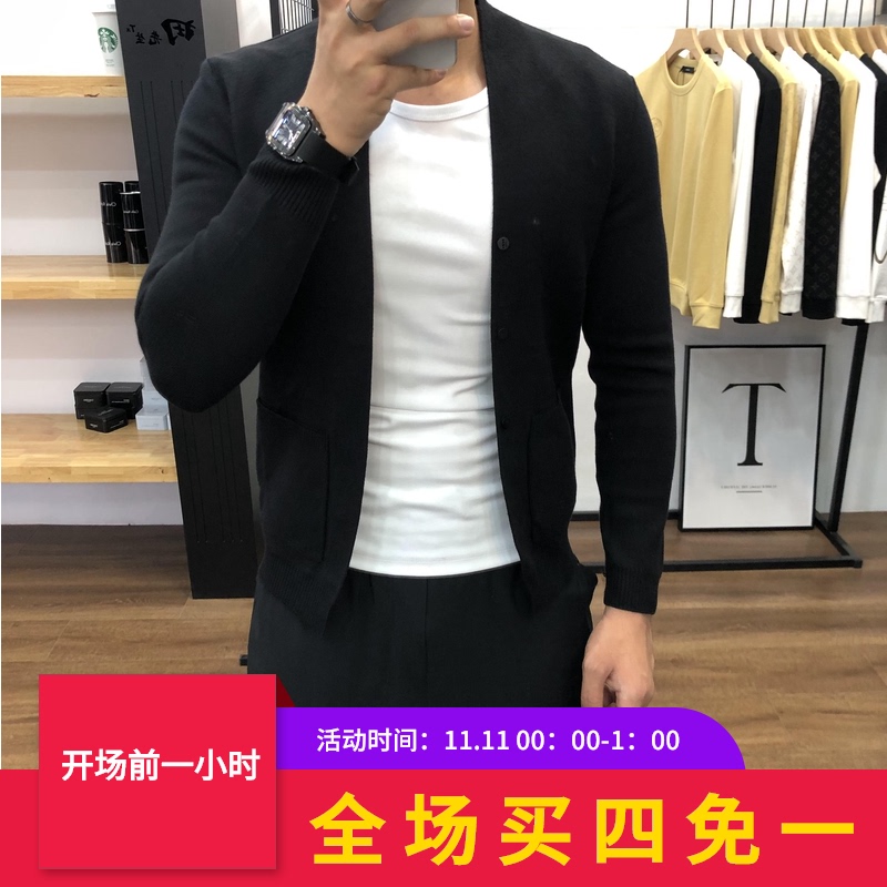 2021年春秋商务休闲男士针织开衫线衣时尚百搭外套男潮流黑色毛衣