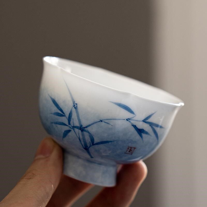 拓土描白金纯手绘青竹花瓣闻香茶杯主人单杯个人专用功夫茶盏品茗