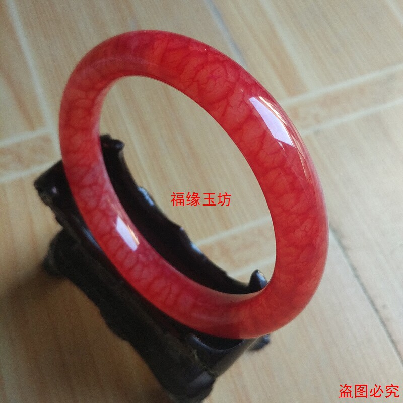 岫玉鸡血石凤血本命年圆条玉手镯旺夫大红镯送礼带