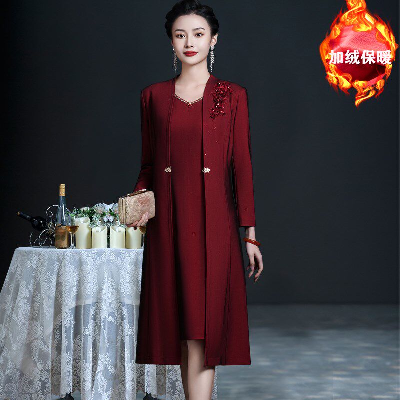 秋冬高端喜婆婆婚宴装中长款加绒大码显瘦外套结婚妈妈礼服套装裙