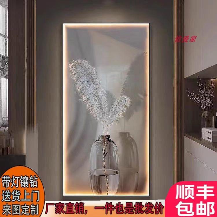 玄关装饰画现代简约走廊过道挂z画现代轻奢羽毛晶瓷镶钻带灯壁画图片