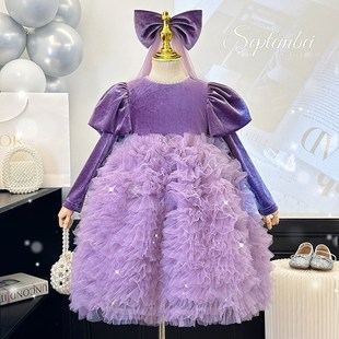 女童连衣裙秋季2024新款高级感紫色公主裙儿童洋气丝绒礼服蛋糕裙