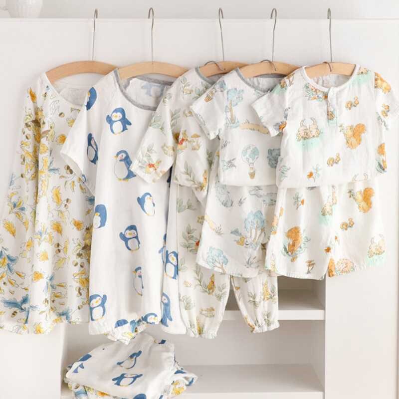 宝宝睡衣夏季薄款竹棉纱布宝宝短袖长裤空调服男女儿童家居服套装