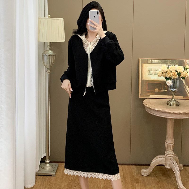 大码女装蕾丝拼接时尚套装女2024年新款秋冬季卫衣+半身裙两件套