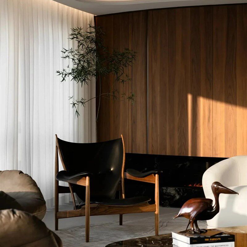 新中式北美黑胡桃木酋长椅实木真皮单人沙发椅复T古客厅休闲椅组