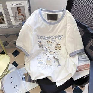 特大码300斤卡通拼色刺绣短袖t恤男女装夏季宽松正肩情侣半袖上衣