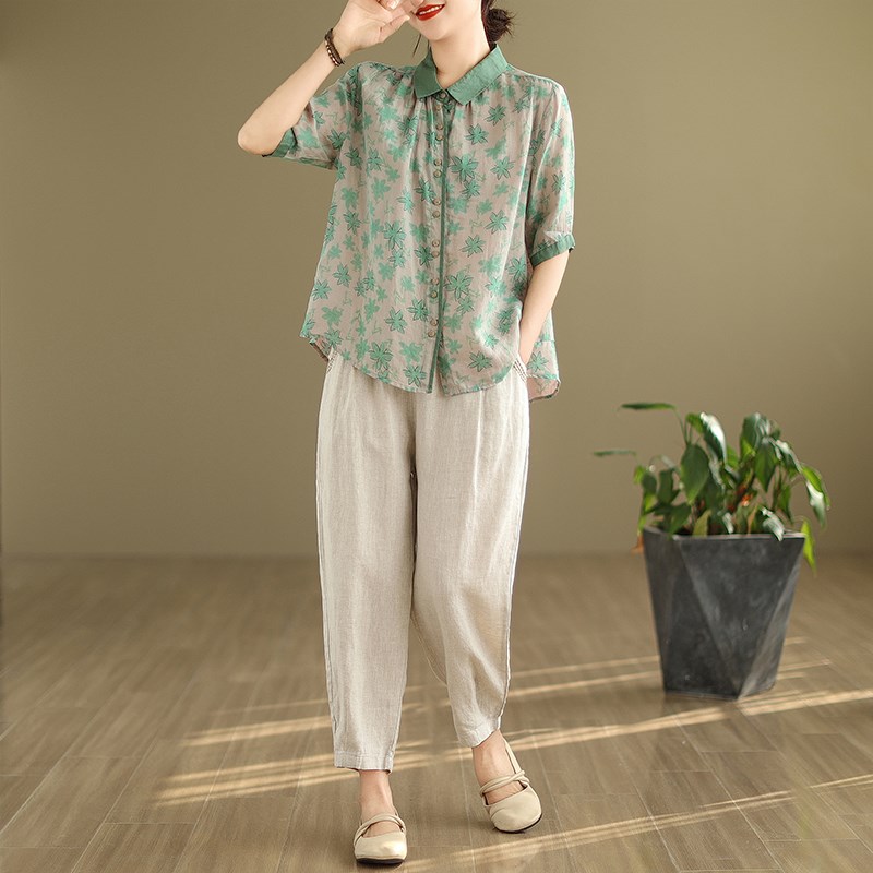 中年妈妈棉麻套装女2024夏装新款大码显瘦文艺复古洋气短袖两件套