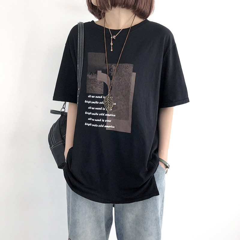 短袖t恤女2021年夏季新款宽松大码纯棉上衣中长款韩版半袖体恤衫