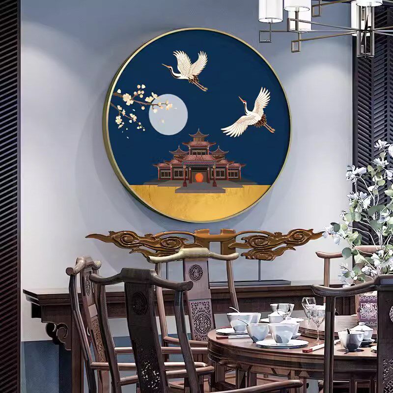 新中式客a厅玄关装饰画蓝色仙鹤中国风餐厅酒店背景墙壁圆形挂画